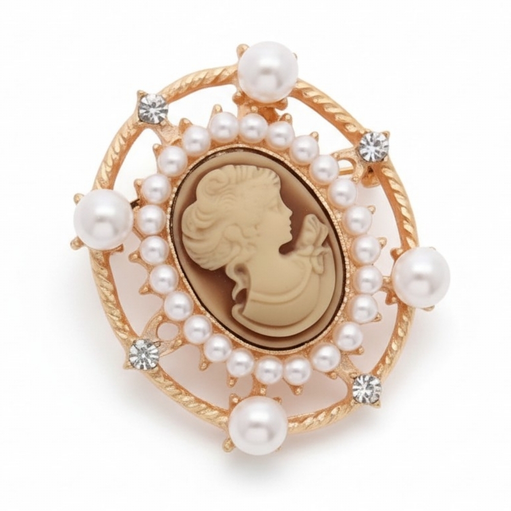 Gold-Tone Pearl Cameo Brooch — Classic Victorian-Style Women’s Jewelry